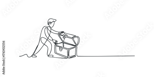 Person opens treasure chest with single line drawing