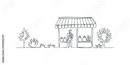 Single line drawing of a market stall with a vendor