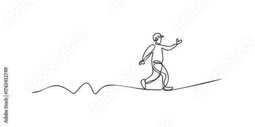 One line drawing of a person walking on a wire