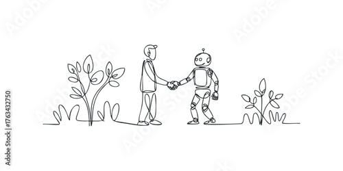 Person and robot shaking hands with plants