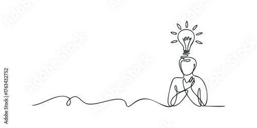 Person with light bulb above head one line drawing