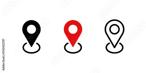 Location pin icons in black red and outline styles, map marker vector icon, travel destination, location marker, Vector illustration.