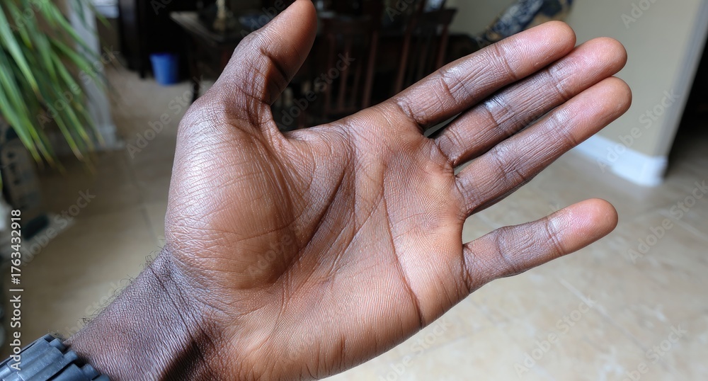 Fototapeta premium Dark hand, palm facing out, slightly oily appearance