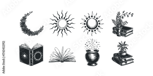 Collection of occult and botanical line art symbols