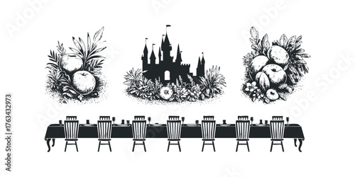 Whimsical castle surrounded by opulent fruit and elegant dining table setup