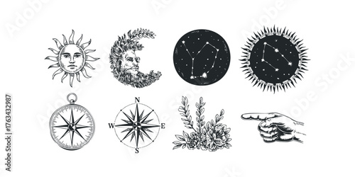 Celestial sun moon compass and celestial bodies graphic collection
