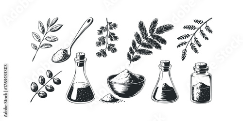 Herbal ingredients in glass vials and spoon