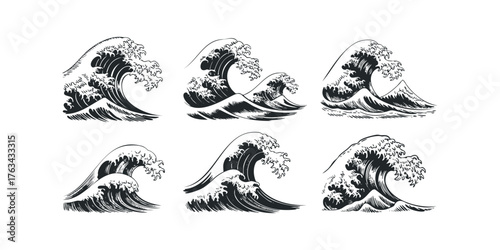 Set of six stylized ocean wave illustrations