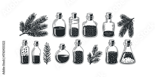 Set of Vintage Apothecary Bottles and Pine Sprigs