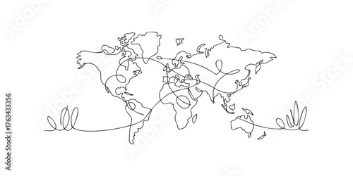 World Map Continuous Line Drawing With Travel Route