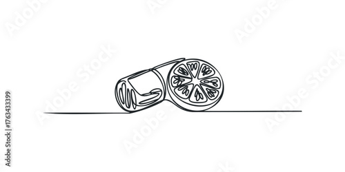 Single line drawing of citrus slice and stem