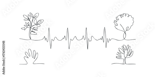 Continuous line drawing of ECG line with trees and plant