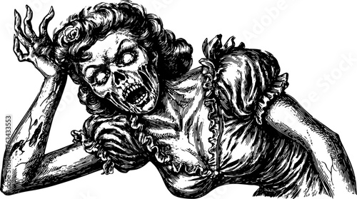 Zombie art illustration in vintage engraving style. Frightening character with a scream, presented in a black and white vector format.