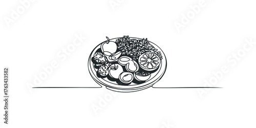 Abstract Outline Bowl of Fruits and Vegetables