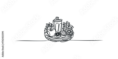 Single line drawing of fresh fruit and juice on white