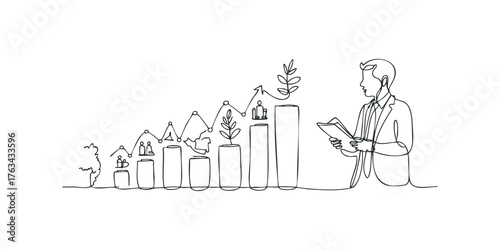 Man reviews upward trending financial graph with plant growth