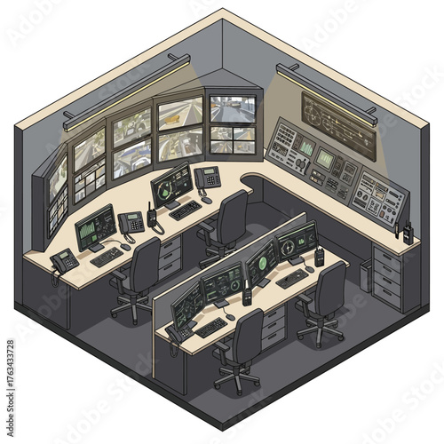 Isometric View of a Modern Security Control Room.