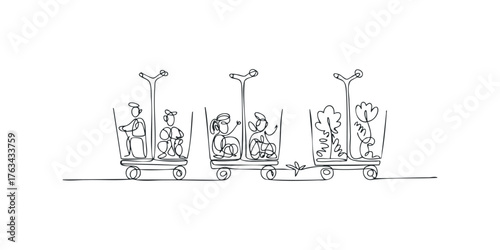 Three carts with figures and plants on a continuous line drawing