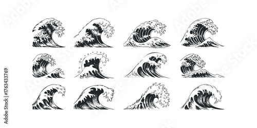 Collection of Twelve Diverse Wave Illustrations in Black and White