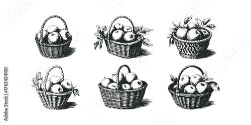 Set of six vintage woven baskets brimming with ripe apples