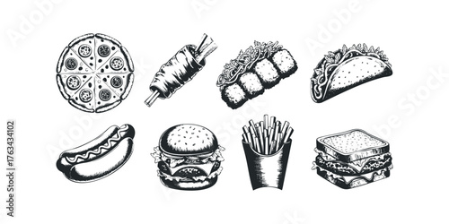 Collection of Hand Drawn Fast Food Items
