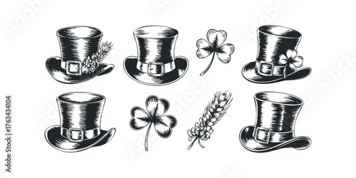 Set of Sketchy Top Hats and Clover Icons