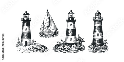 Collection of hand-drawn lighthouses and sailboat on water