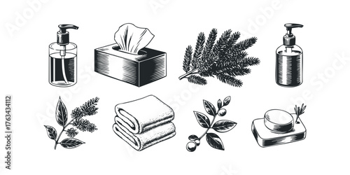 Collection of hygiene and spa items with natural elements