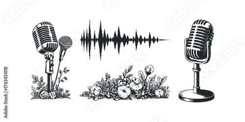 Vintage microphones with sound wave and flora