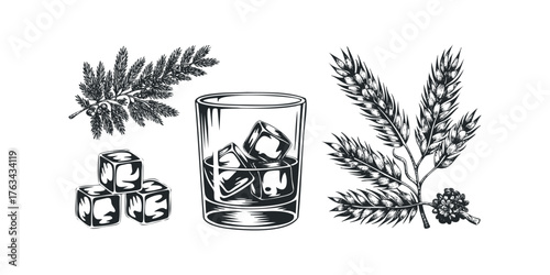 Glass of whiskey with ice and ingredients for drink