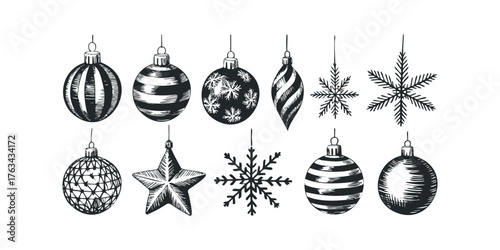 Collection of vintage Christmas tree ornaments and snowflakes