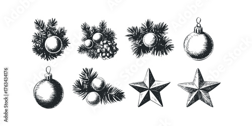 Vintage Christmas ornaments and fir branches sketch
