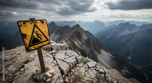 A weathered rusty yellow warning sign depicting a person falling down rocks stands on a rocky mountain peak overlooking a dramatic misty mountain range under a cloudy sky danger landscape