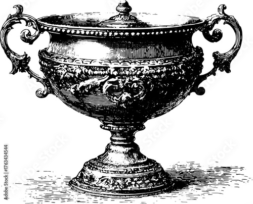 Vintage cup illustrated in engraved style. Detailed line art vector illustration of an ornate decorative set showcasing fine craftsmanship.