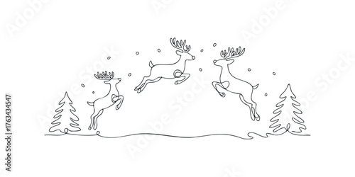 Three bounding reindeer with snow and pine trees