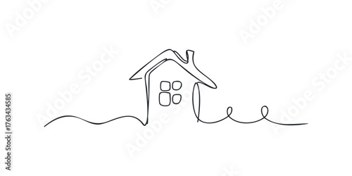 Minimalist line art of a house with windows and wavy ground