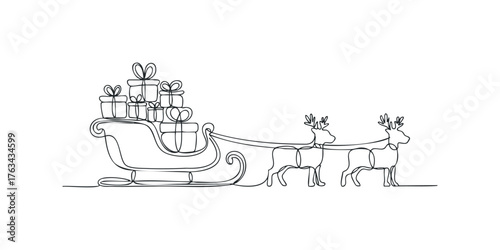 Reindeer pulling sleigh filled with gifts