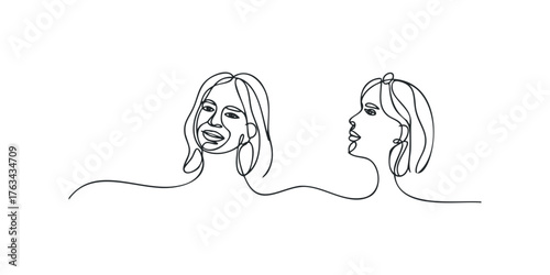 Continuous line drawing of two women's faces in profile and frontal view