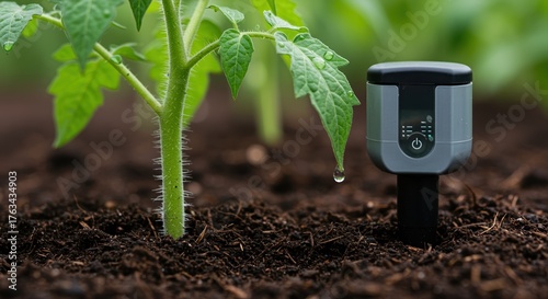 smart sensor monitoring growth of tomato plant in garden soil on a sunny day