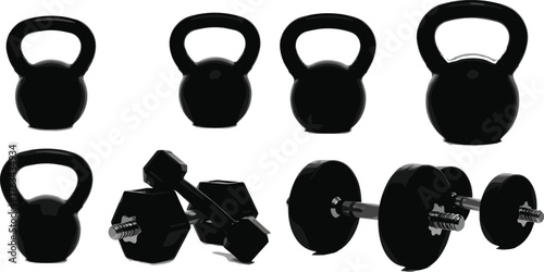 Kettlebells, dumbbells, gym equipment, strength training, fitness gear, workout tools, home gym, weightlifting, exercise setup, resistance training, fitness essentials