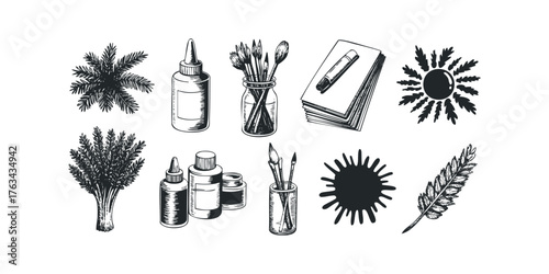Art supplies and botanical elements collection sketch