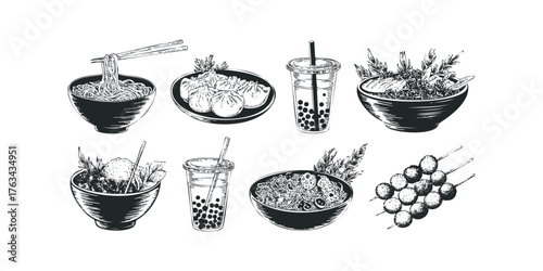 Set of hand-drawn Asian food items and drinks