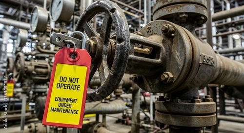 A yellow tag reading DO NOT OPERATE EQUIPMENT UNDER MAINTENANCE is attached to a rusty metal valve in an industrial setting with visible pipes and gauges safety machinery factory hazard