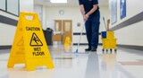Yellow caution wet floor sign stands in a polished hallway with a cleaner mopping in the background reflecting light caution sign cleaning janitor warning safety hazard slippery service