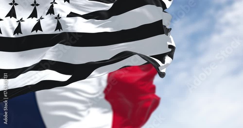 Brittany flag waving with french national flag on a clear day