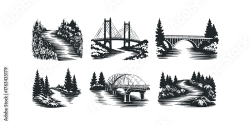 Collection of bridge and landscape woodcut style illustrations