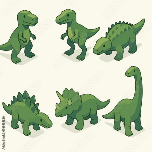 Isometric dinosaurs set in green tones. Cute 3D prehistoric animal collection