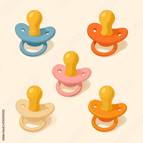 Cute baby pacifier icons in pastel colors. Vector illustration for newborn design, baby shower, parenting or nursery themes