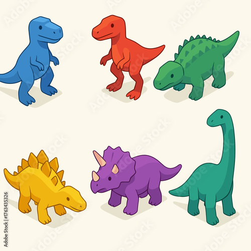 Bright colorful dinosaurs in isometric style. Educational kids illustration set