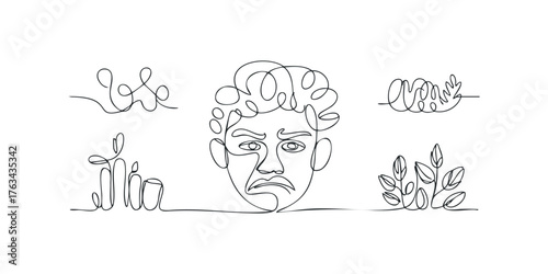 Continuous line drawing of an anxious face with curly hair